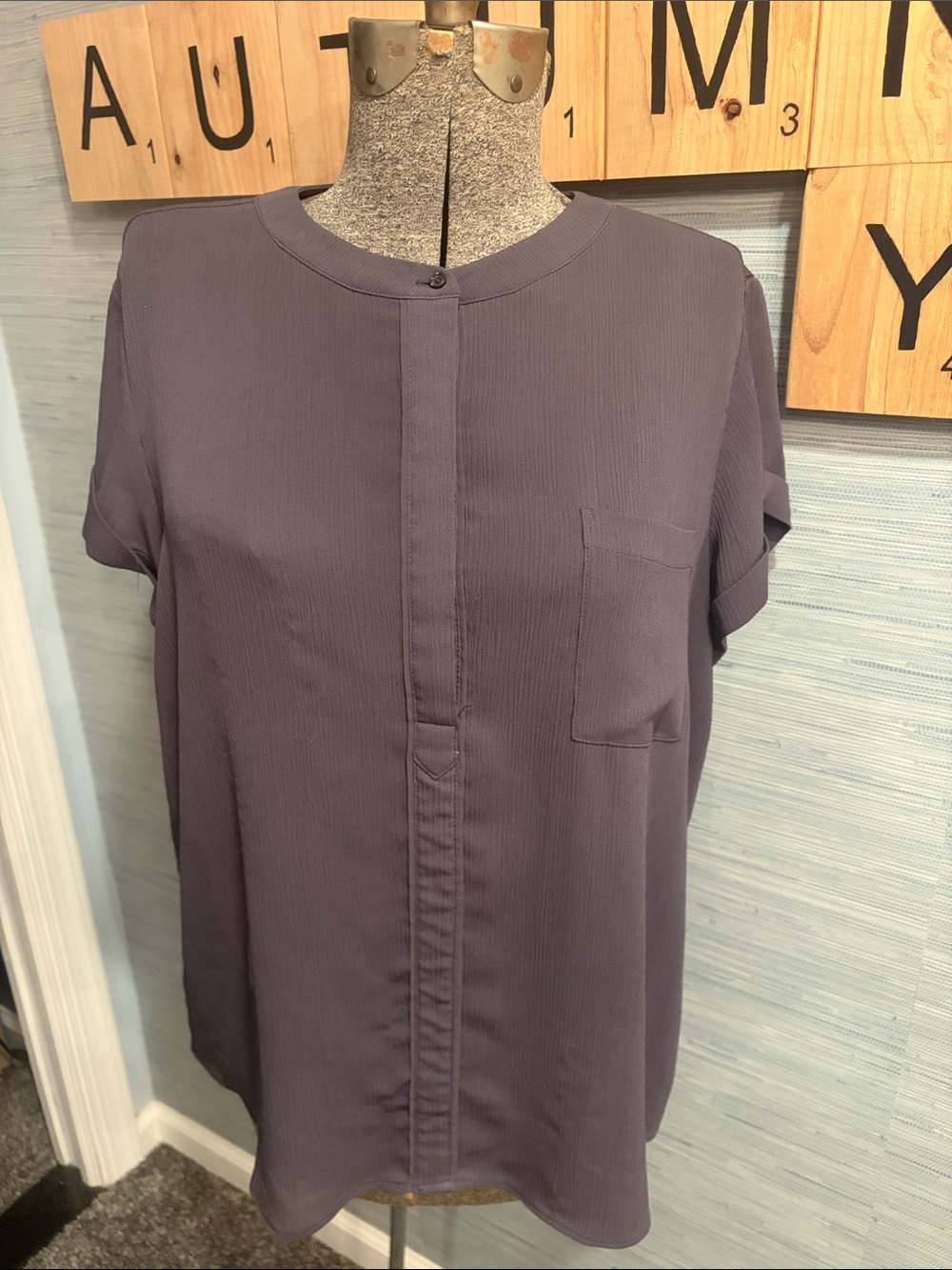 Simply Vera Vera Wang Slate-Purple Round Neck Short Sleeve Blouse